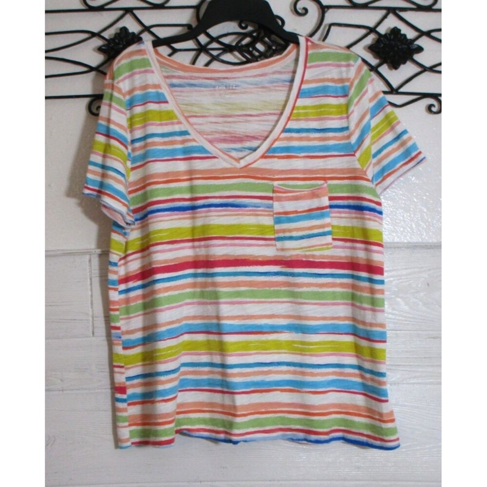 Dept 222 Women's Knit Top Size 1X Short Sleeve Multicolor Striped V Neck